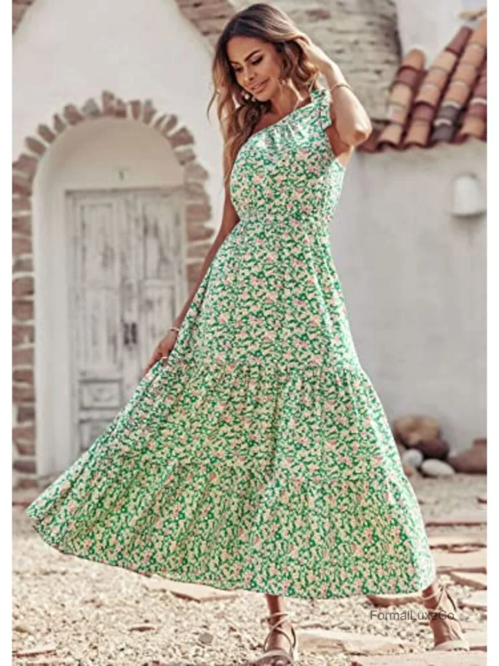 Women One Shoulder Boho Floral Maxi Dress Sleeveless Tiered A-Line Sundress